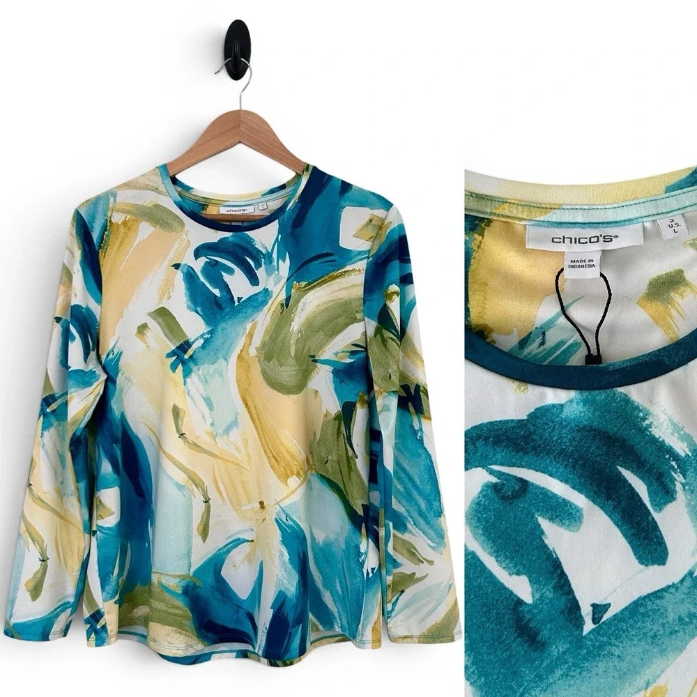 Chico's Zenergy Women Large Blue Green Multi Long Sleeve UPF 50+ Size 2 Top NWOT - Picture 1 of 13